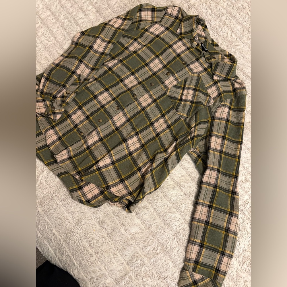 Torrid Plaid Shirt in Green, Yellow, and Cream